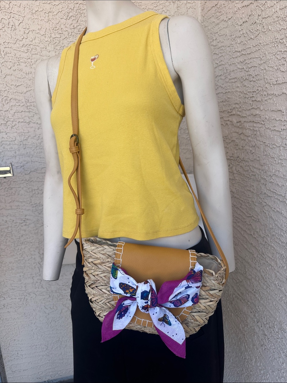Universal Thread Woven Straw Crossbody with Mustard Flap and Butterfly bandanna